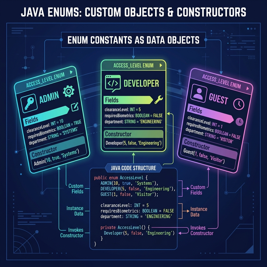 Illustration of keycards with distinct values representing enum constants with attached properties