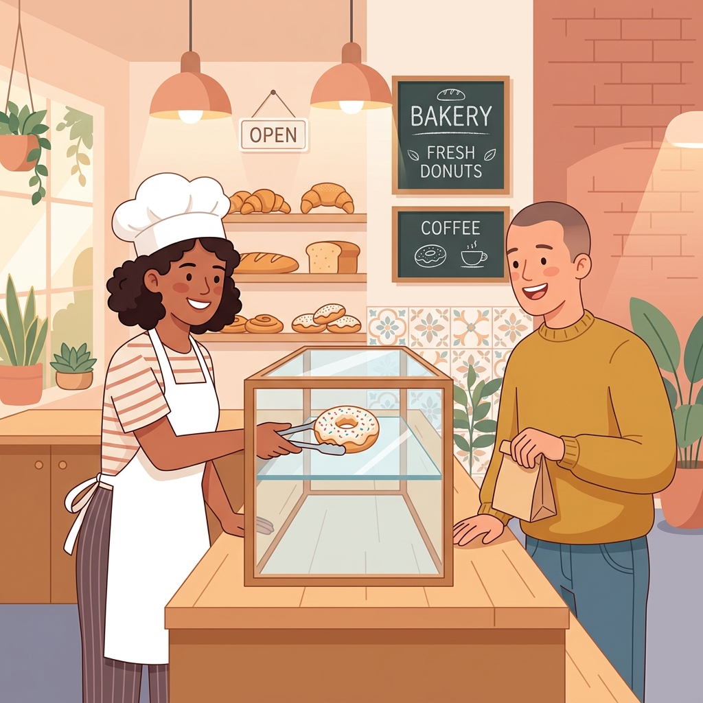 Illustration of a cozy bakery with a baker placing a donut on a shelf and a customer waiting