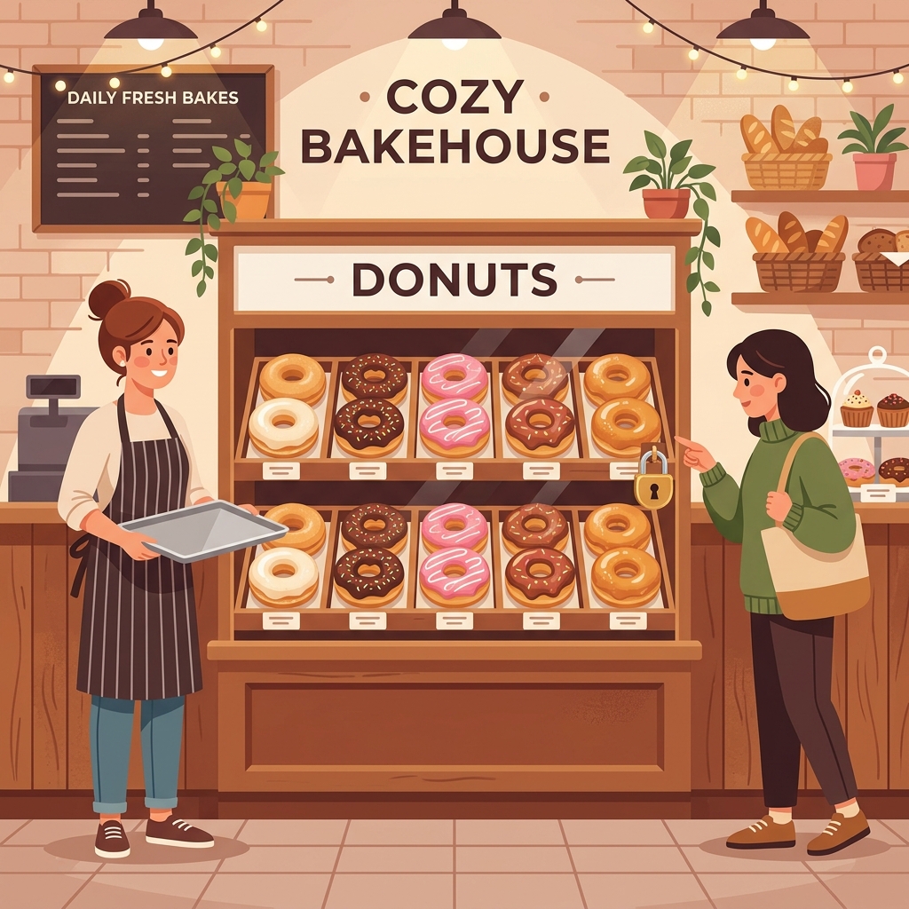 Illustration of a bakery shelf with 10 slots and a padlock lock
