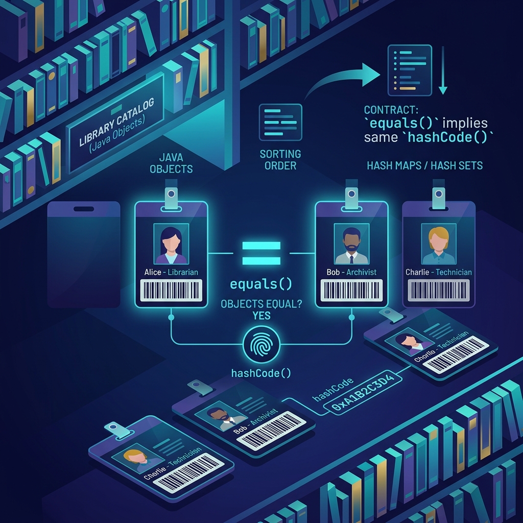 Illustration of a bookshelf and ID badges with matching barcodes representing the equals and hashCode contract