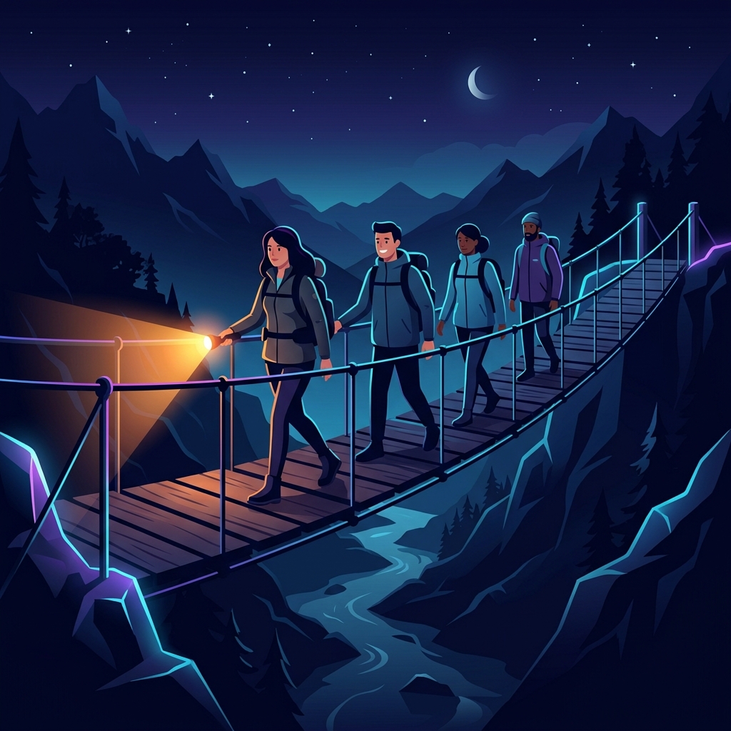 Illustration of people crossing a bridge at night with a flashlight
