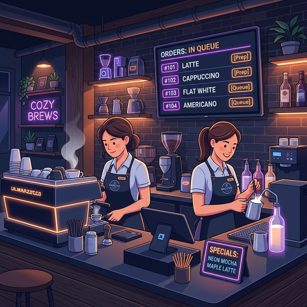 Illustration of a cozy coffee shop kitchen with baristas and order tickets