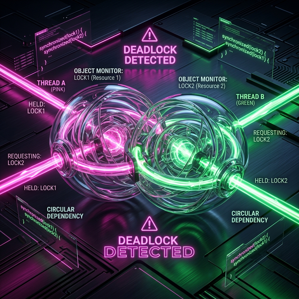 Illustration of interlocking object locks causing a synchronized block deadlock