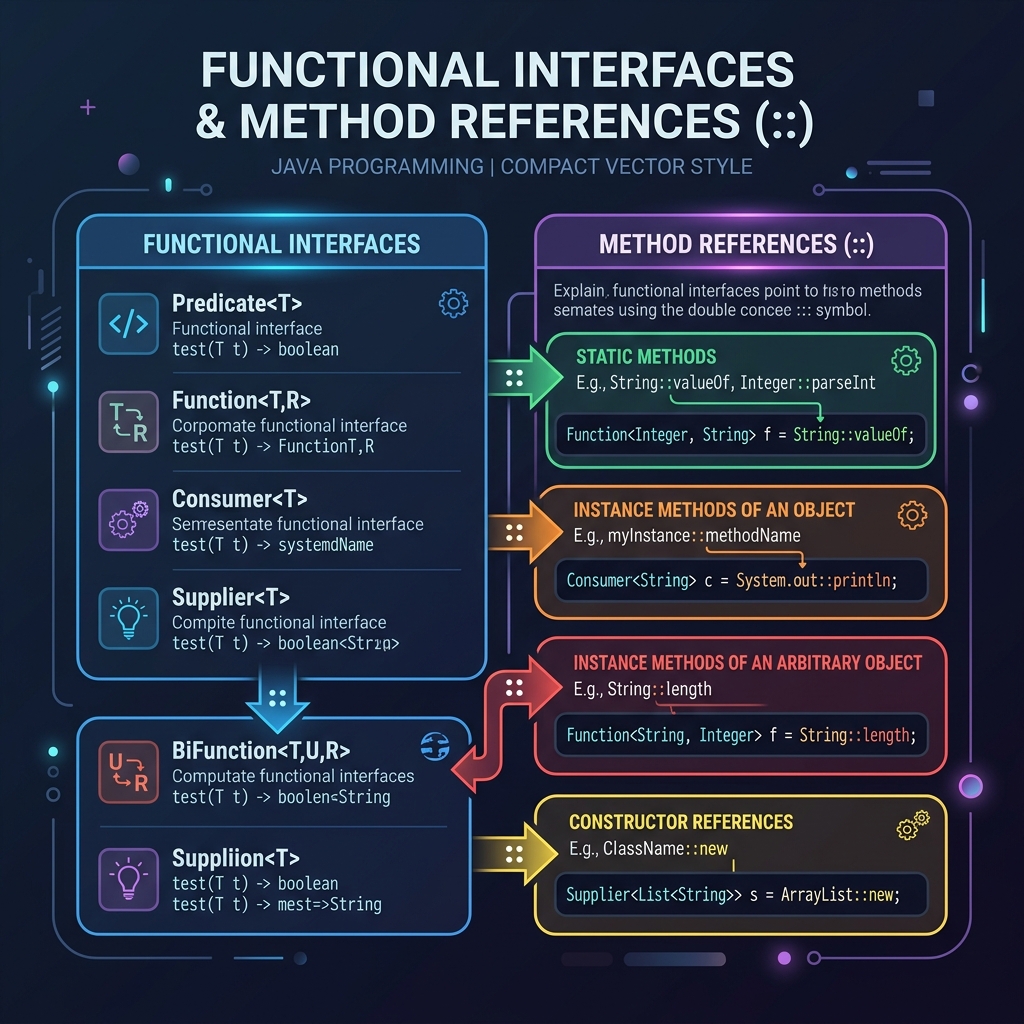 Illustration of functional interfaces mapping to class methods with double colon symbol