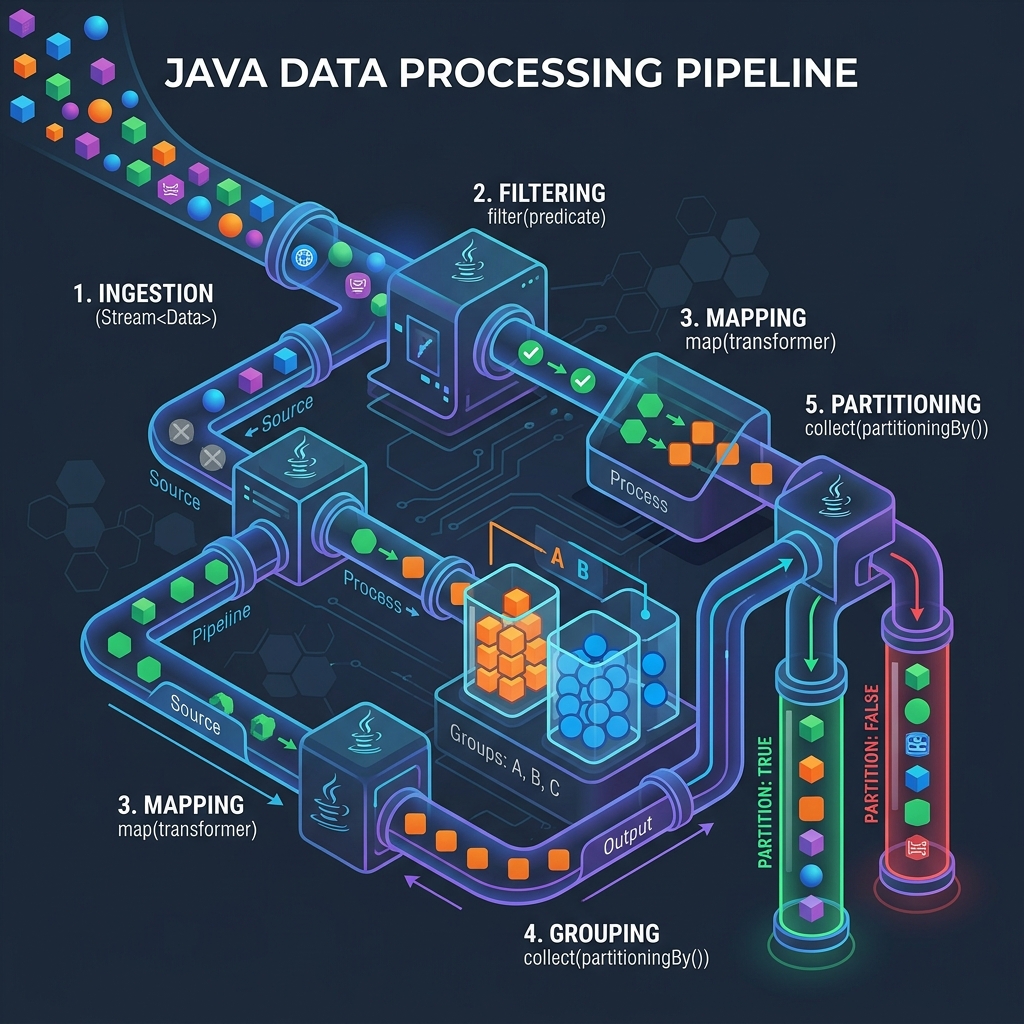 Illustration of elements flowing through pipeline filters and sorting collections