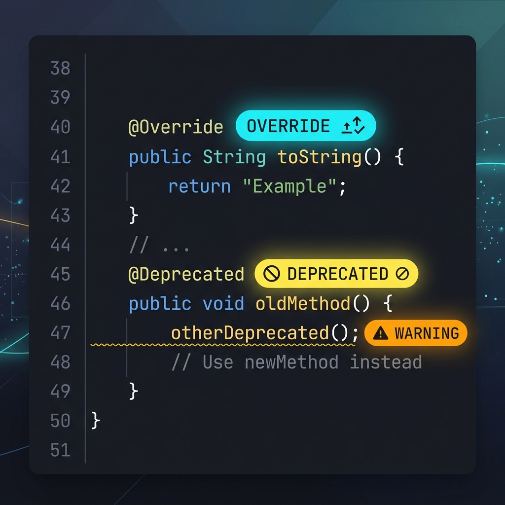 Illustration of badges labeled Override, Deprecated, and Warning stamped on lines of code