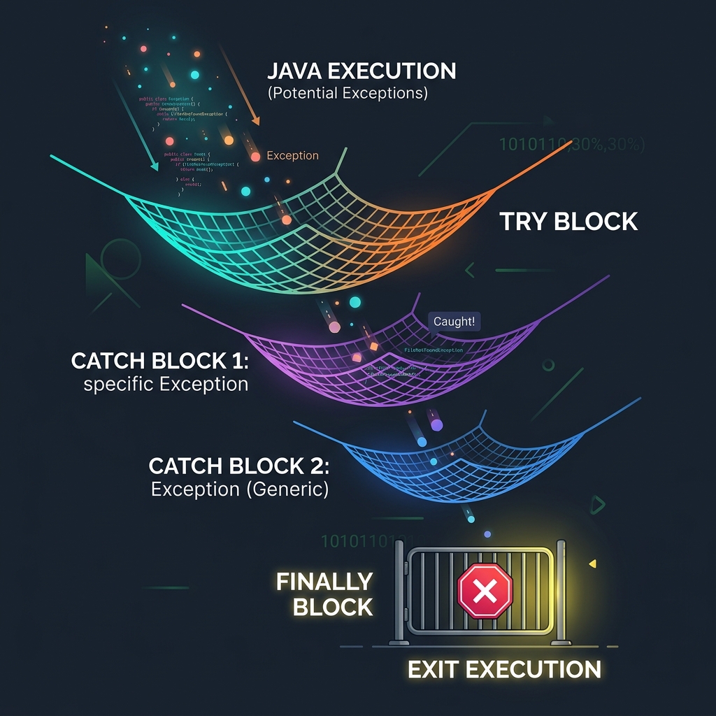 Illustration of cascading catch nets and a finally gate with a stop sign representing exit execution