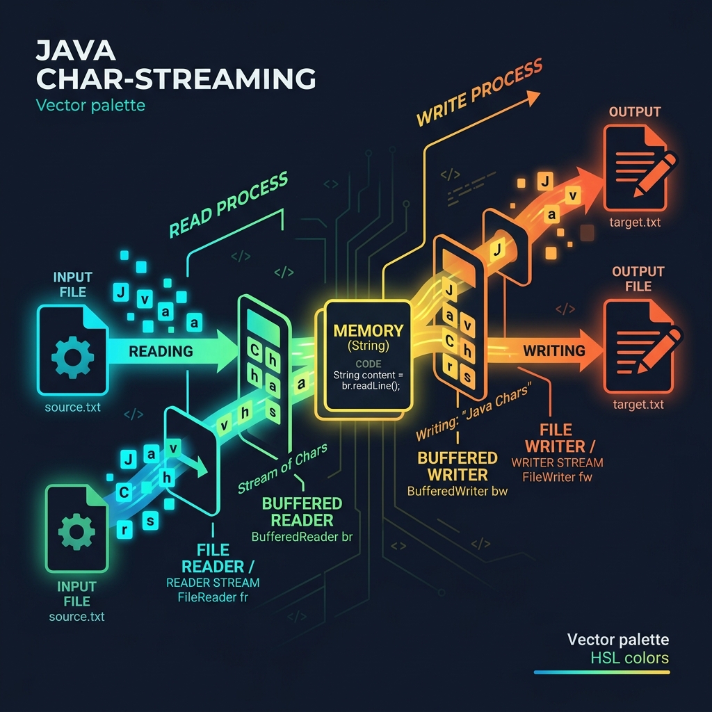 Illustration of streaming characters between files and memory