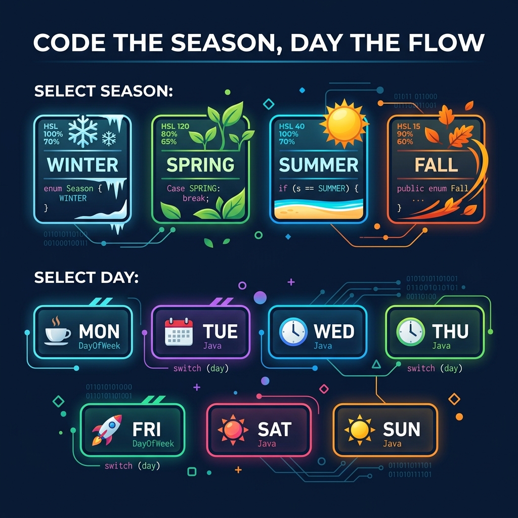 Illustration of selector bubbles showing seasons or days of the week, representing enum options