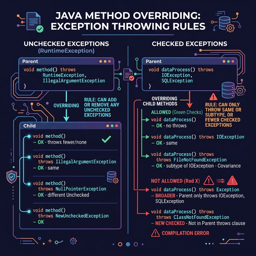 Illustration of covariant methods and override rules for checked and unchecked exceptions
