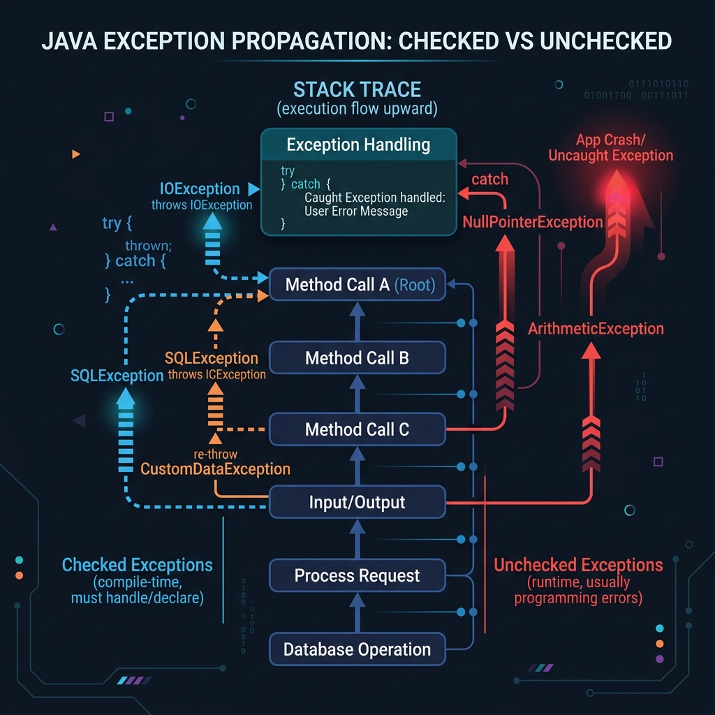 Illustration of exceptions bubbling up a call stack