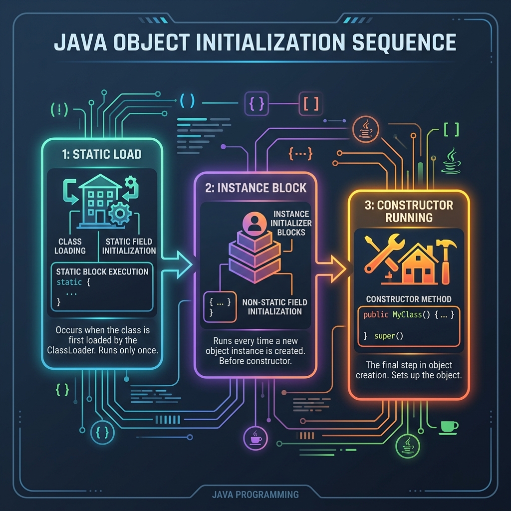 Timeline of static blocks and instance blocks running during inheritance instantiation