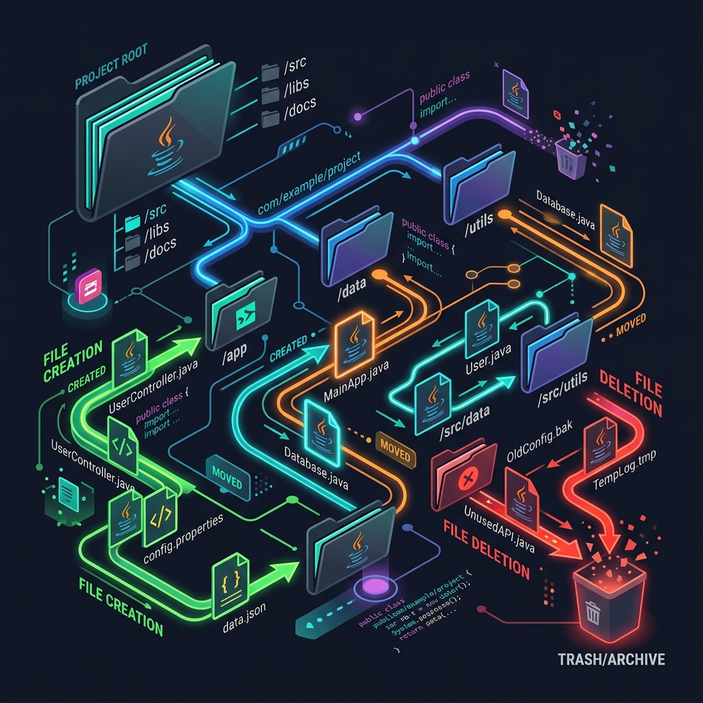 Illustration of folders, path maps, and files moving around