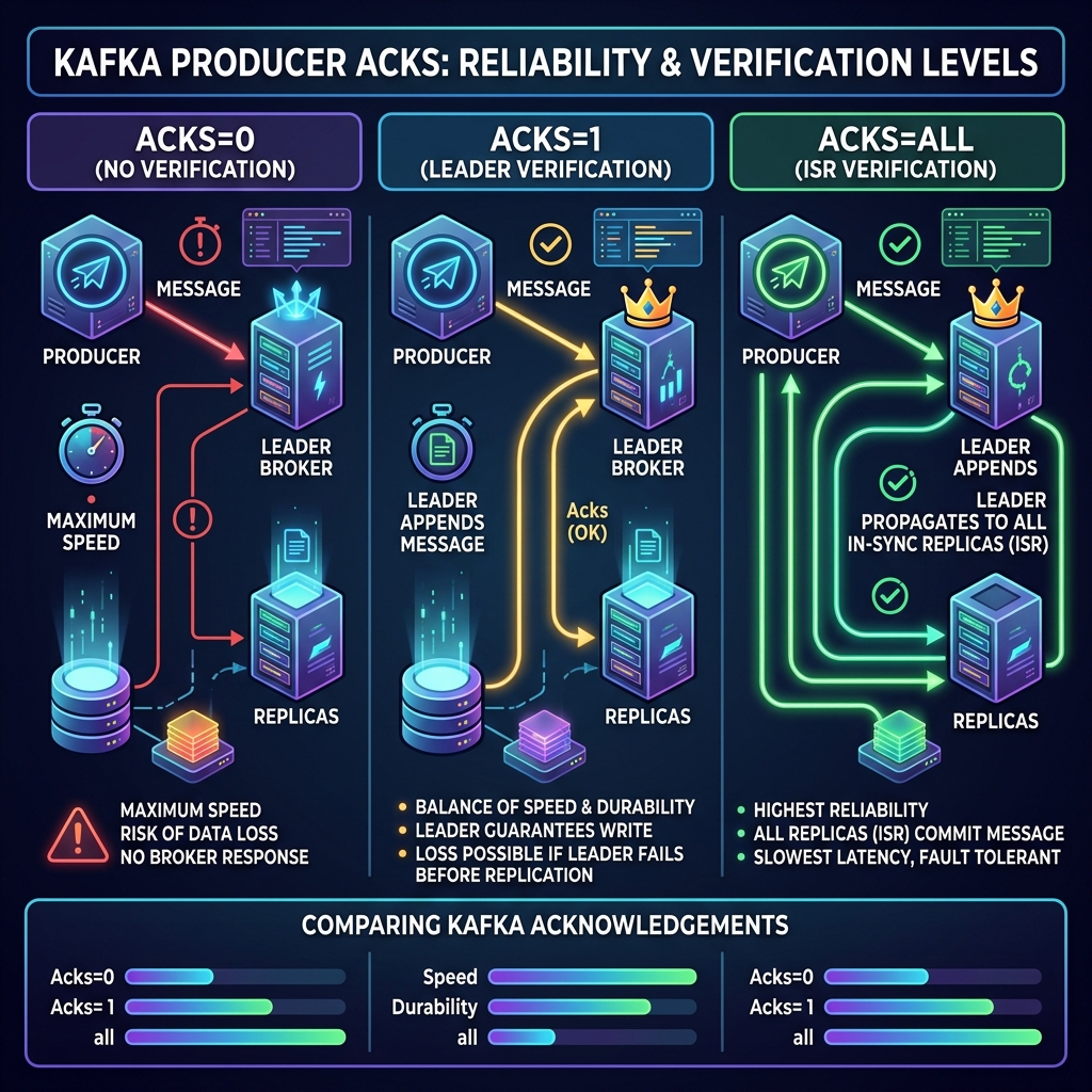 Visual Guide of acks=0, acks=1 and acks=all comparison