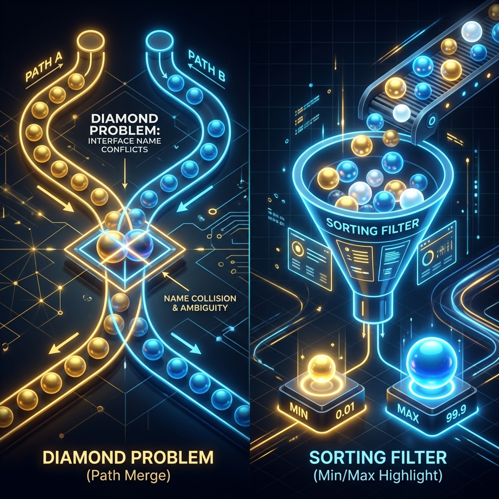 Illustration of path merging for diamond conflict resolution and min max sorting