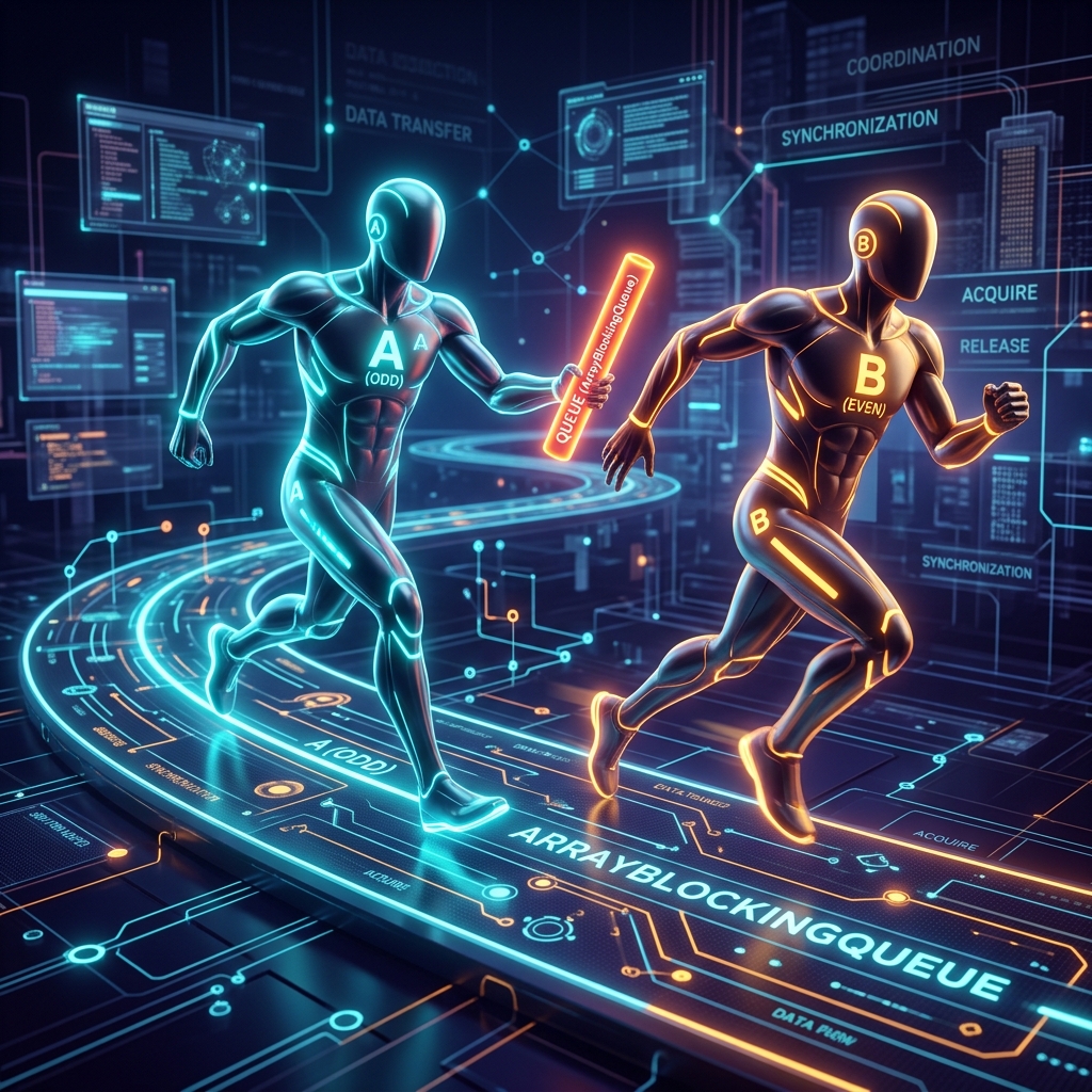 Illustration of odd and even threads passing a baton in a relay race