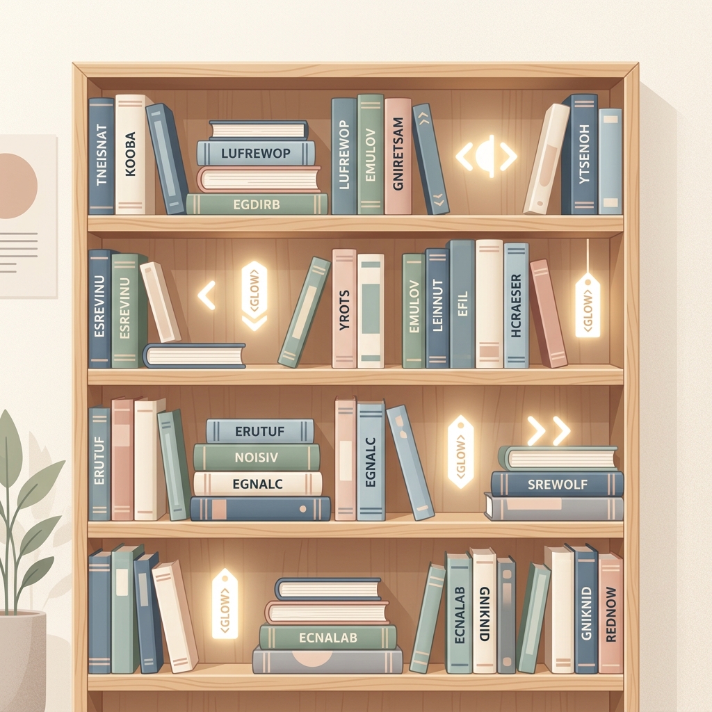 Illustration of a bookshelf showing reversed books and empty spaces with index markers