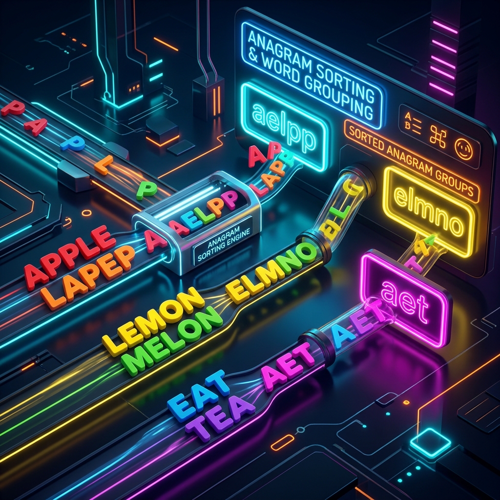 Illustration of letters being sorted and placed in matching slots to group anagrams