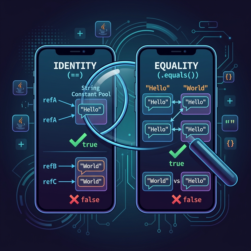 Illustration of two identical smartphones compared under a magnifying glass, showing identity vs equality