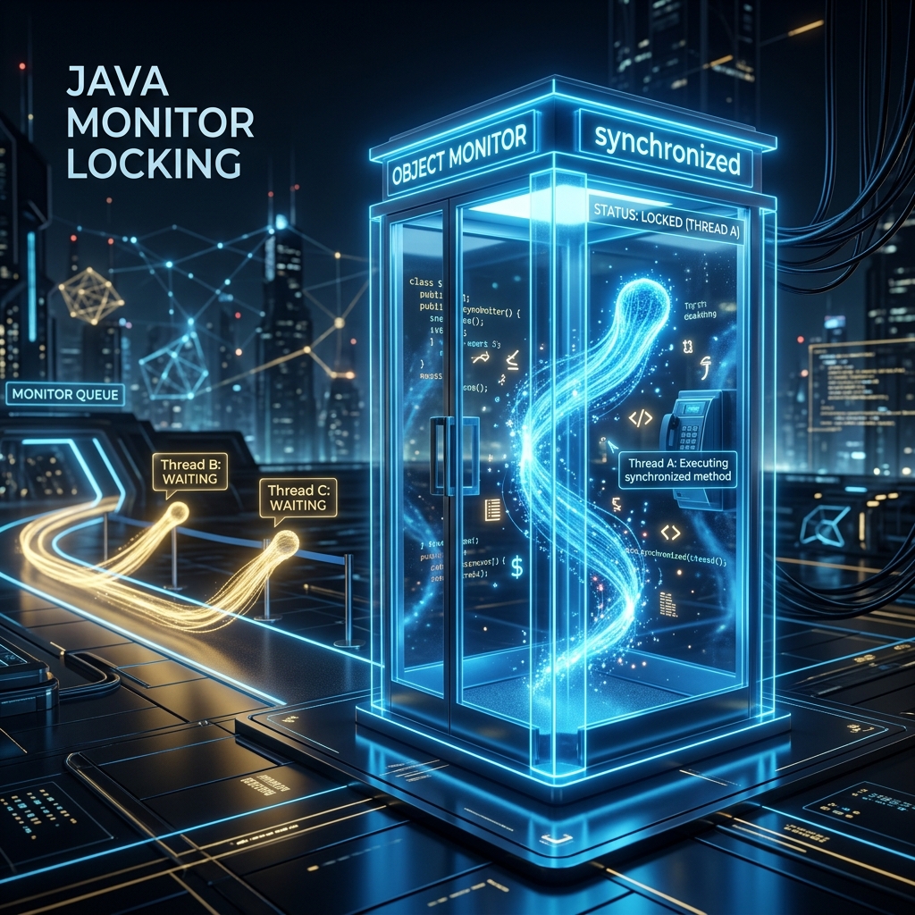 Illustration of threads waiting outside a glass booth representing object monitor locking